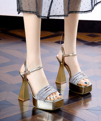 Black Chunky Heels Faux Leather Zircon Splicing Stylish Sandals