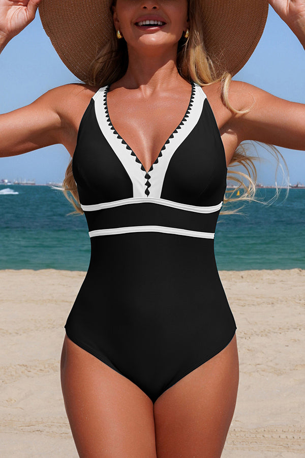 Color-blocked V-neck Stretch One-piece Swimsuit