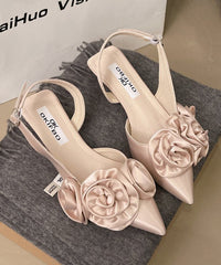 French White Satin Sandals Splicing Floral Pointed Toe