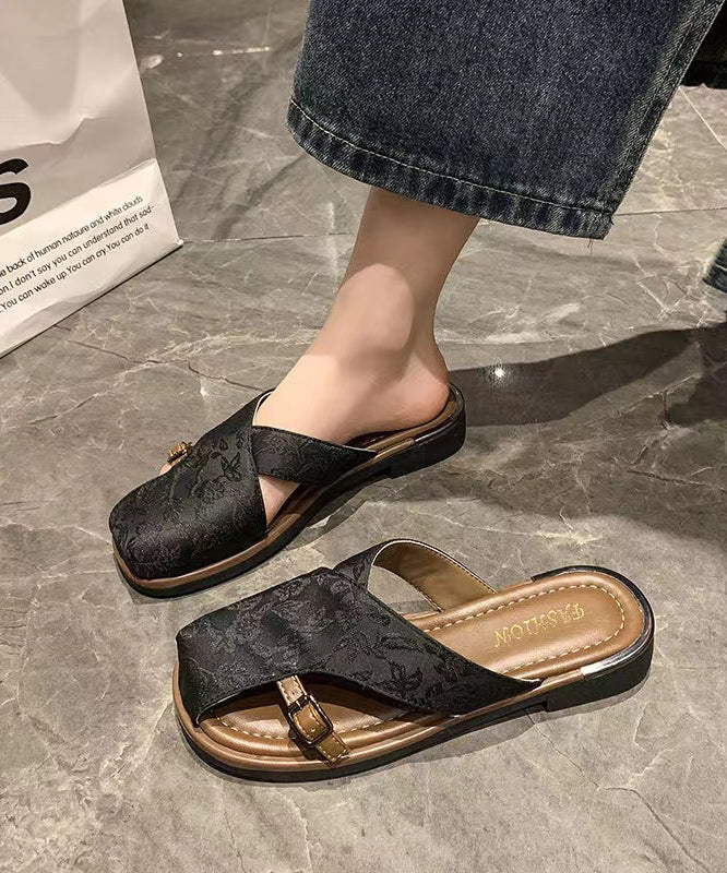 Black Hollow Out Print Satin Slide Sandals