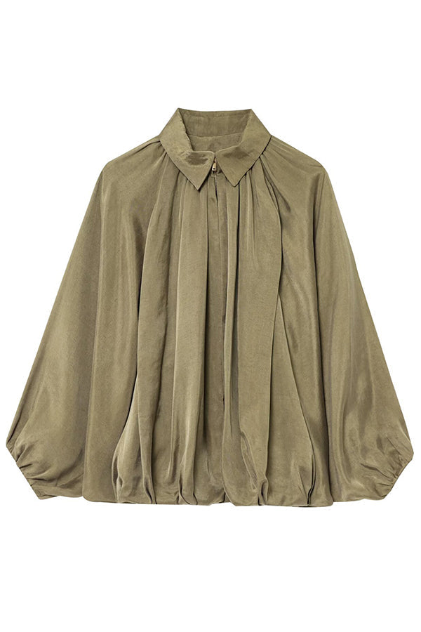 Lapel Loose Puff Long Sleeve Casual Zipper Jacket