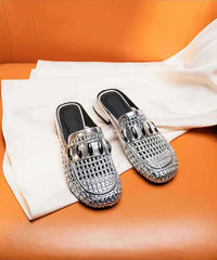 Silver Hollow Out Faux Leather Splicing Slide Sandals