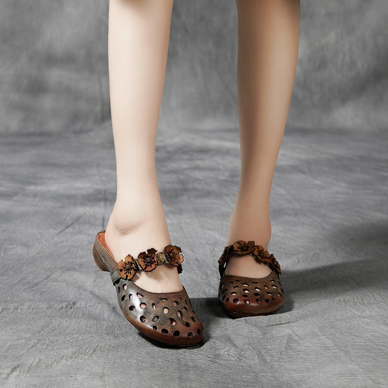 Vintage Floral Hollow Leather Slippers