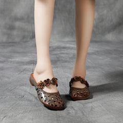 Vintage Floral Hollow Leather Slippers
