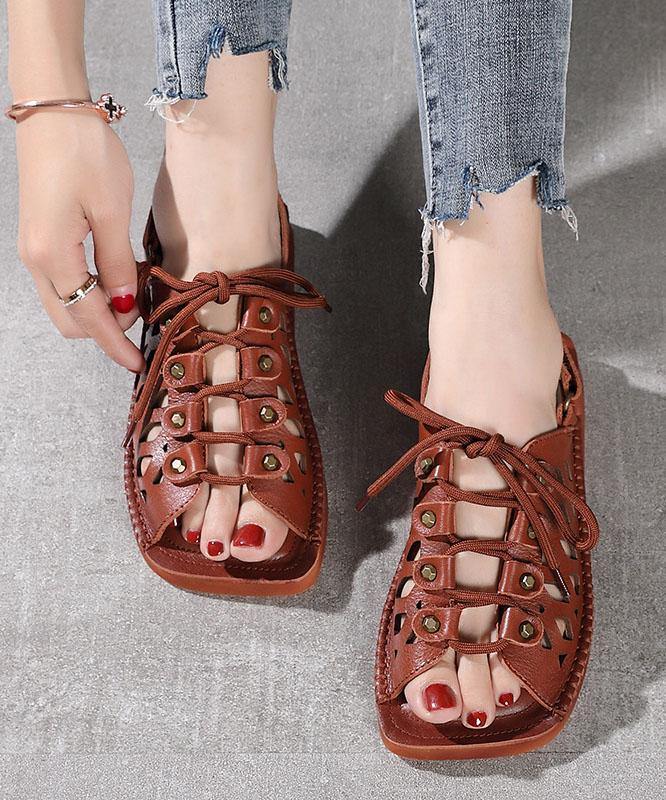 Chocolate Lace Up Flat Sandals Cowhide Leather