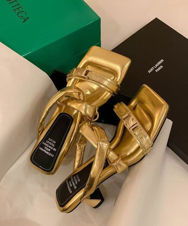 Stylish Splicing High Heel Gold Cowhide Leather Slide Sandals