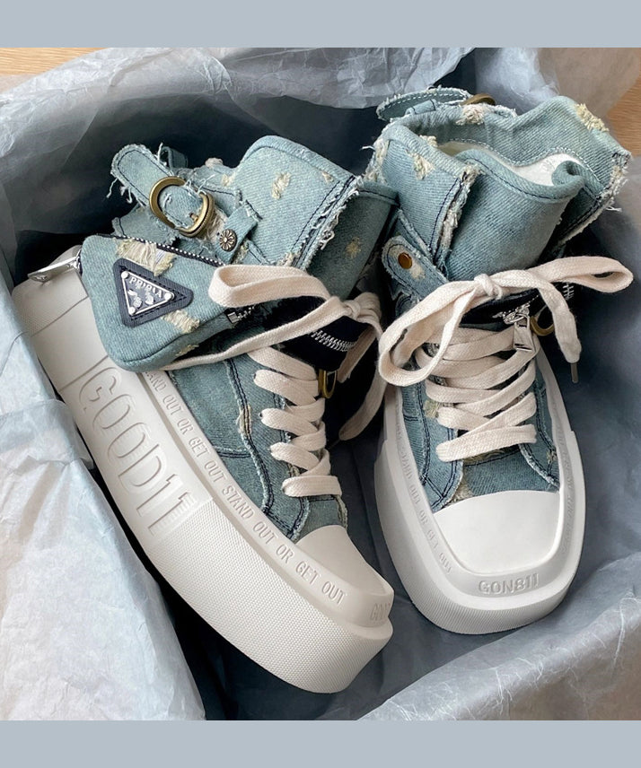 Blue Canvas Splicing Lace Up Platform Boots