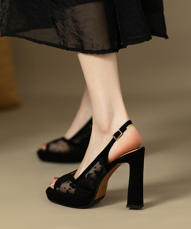 Suede Lace Embroidered Black High Heels Sandals