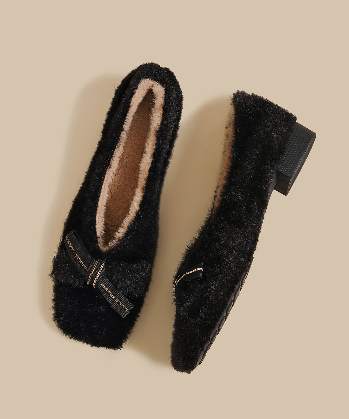 Splicing Khaki Fuzzy Wool Lined Chunky Shoes
