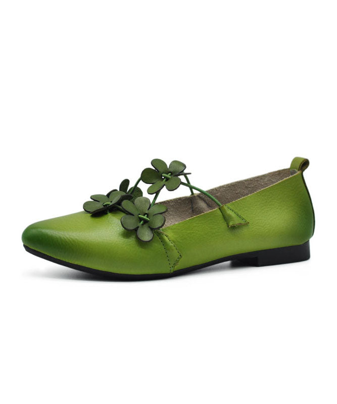 Floral Splicing Flat Shoes Pointed Toe Green Cowhide Leather