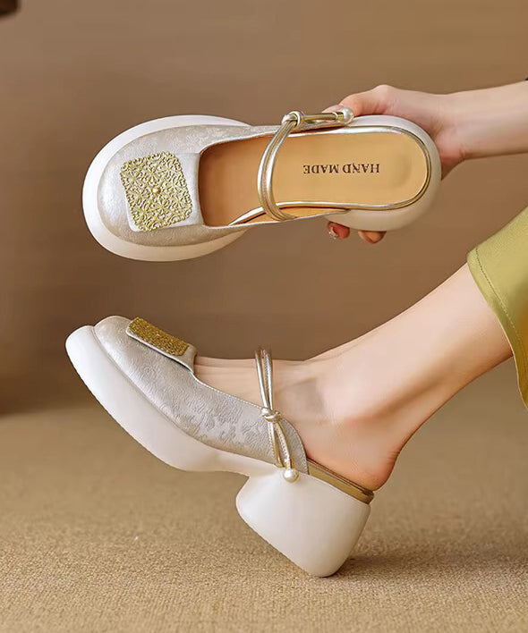 Apricot Chunky Heel Faux Leather Splicing New Slide Sandals