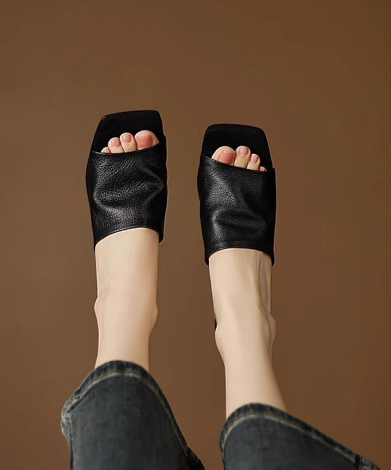 Black Chunky Sheepskin Beautiful Slide Sandals Peep Toe