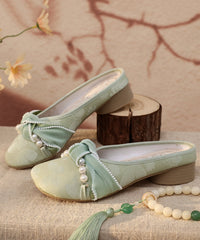 Retro Splicing Chunky White Satin Embroidered Slide Sandals