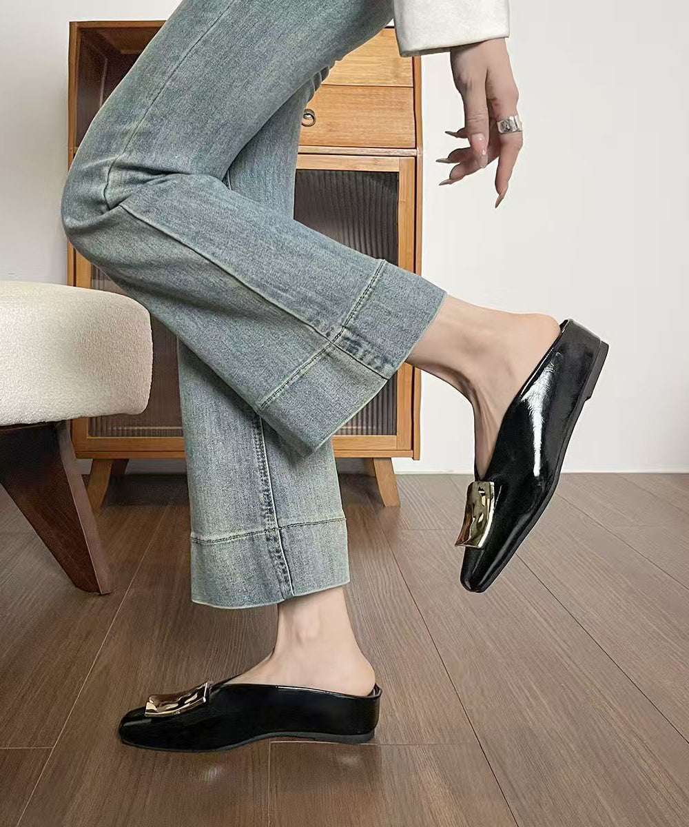 Black Sequined Splicing Sheepskin Wedge Slide Sandals