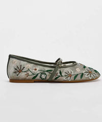 Splicing Flat Shoes Green Breathable Mesh Embroidered