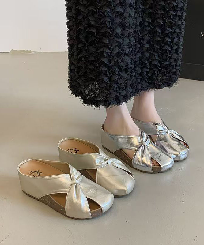 Champagne Faux Leather Wedge Heels Slide Sandals