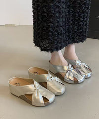 Champagne Faux Leather Wedge Heels Slide Sandals