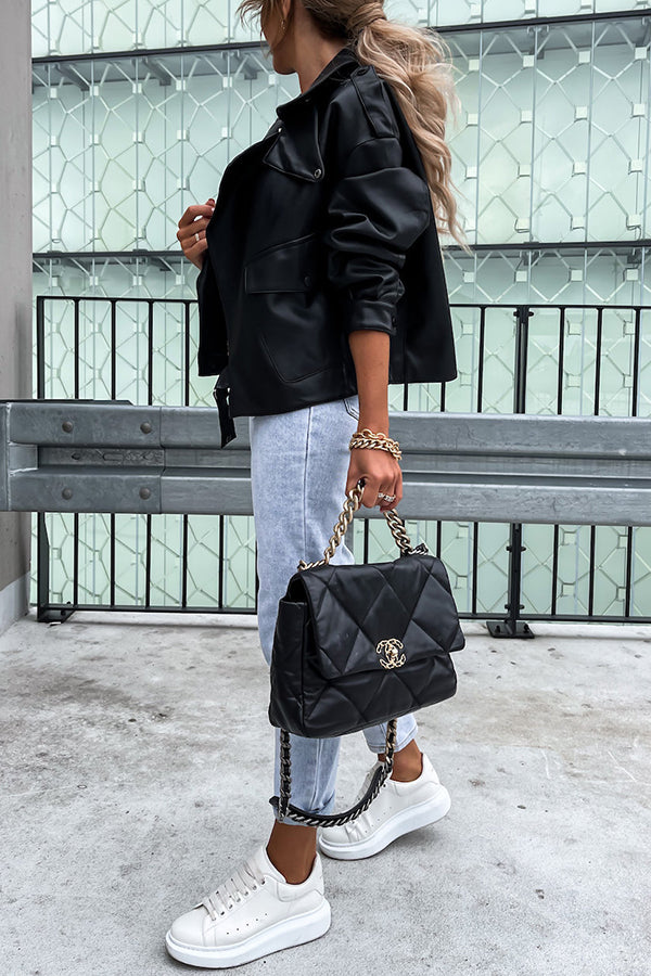 Leather Lapel Pocket British Style Cropped Jacket