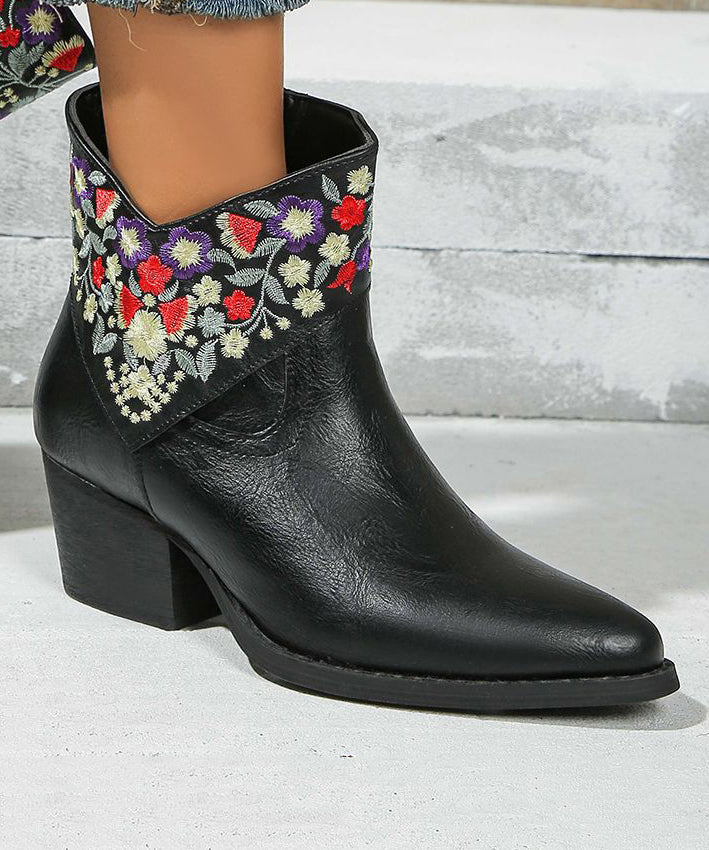 Fine Black Pointed Toe Zippered Faux Leather Splicing Chunky Flat Boots