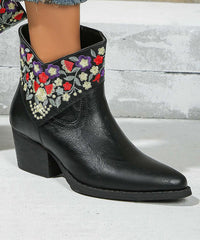 Fine Black Pointed Toe Zippered Faux Leather Splicing Chunky Flat Boots