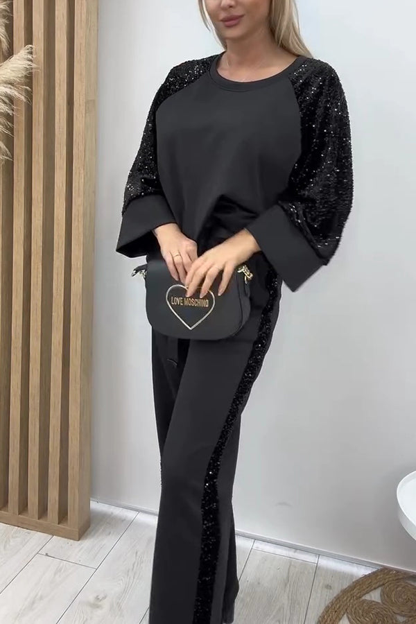 Sequined Loose-fitting Crew Neck Top and Casual Pocket Wide-leg Pants Set