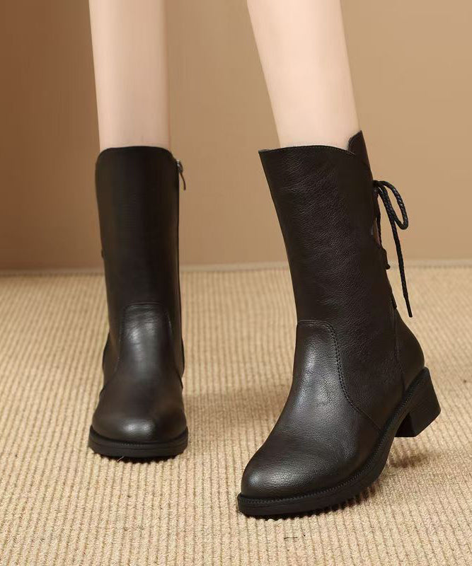 Brown Lace Up Splicing Cowhide Leather Chunky Boots