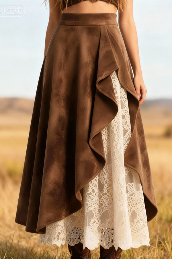 Suede and Lace Patchwork Elegant Asymmetrical Midi Skirt