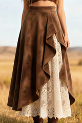 Suede and Lace Patchwork Elegant Asymmetrical Midi Skirt