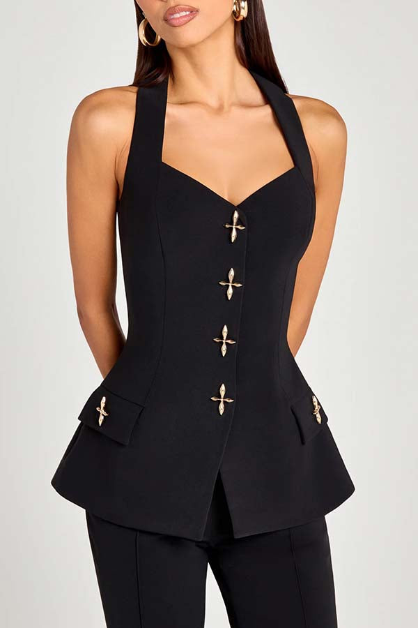 Power Metal Cross Snap Button Sweetheart Neck Wide Strap Vest
