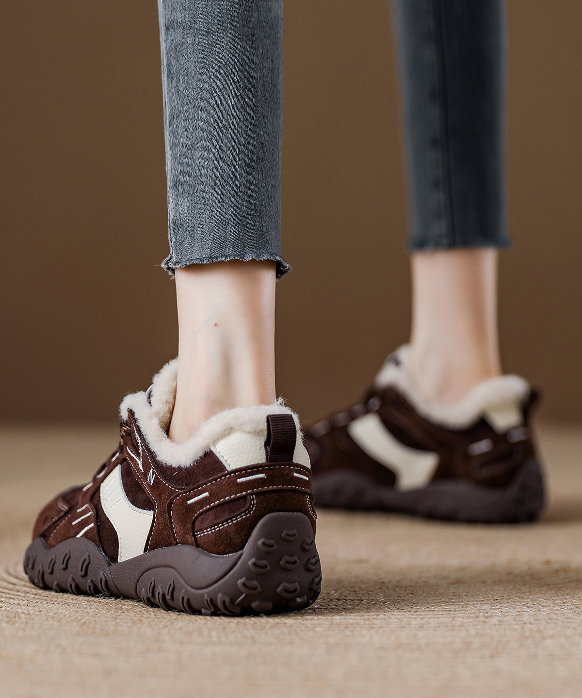 Comfy Lace Up Splicing Platform Flat Shoes Red Suede Thick Warm