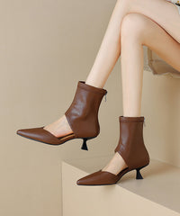 Brown Hollow Out Splicing High Heel Boots Pointed Toe