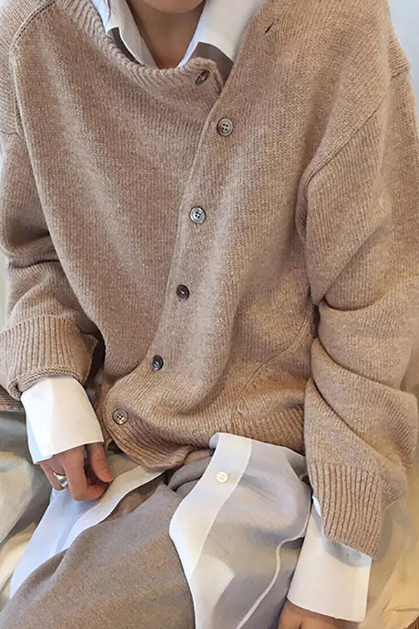 Irregular Button Knitted Crew Neck Sweater
