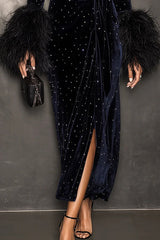 Velvet V-neck Feather Long-sleeved Slim-fit Elegant Midi Dress