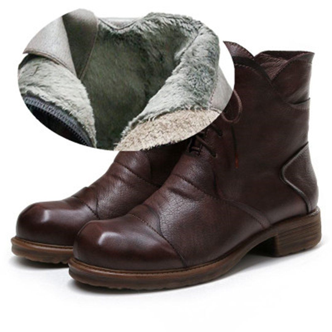 Cozy Lace Up Leather Chunky Heels Martin Boots