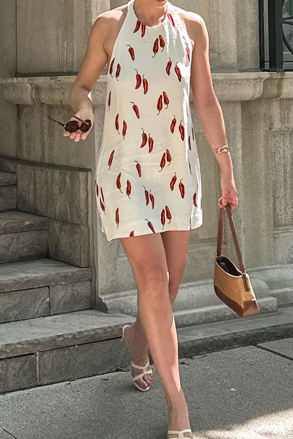 Spicy Chili Pepper Unique Print Soft Fabric Halter Loose Mini Dress
