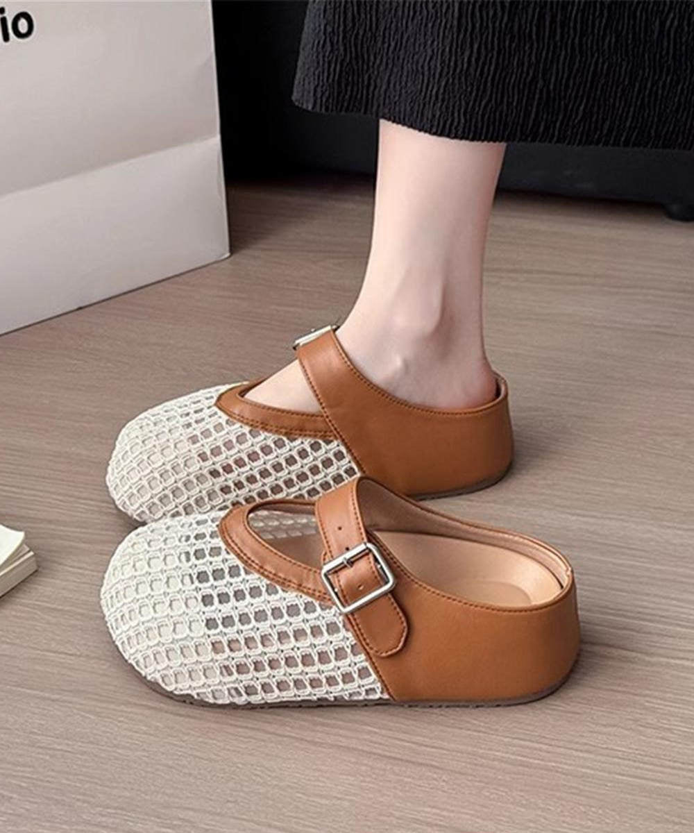 Brown Platform Faux Leather Splicing Slide Sandals