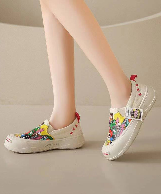 Beige Graffiti Casual Platform Canvas Flat Shoes For