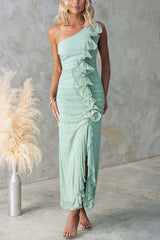 One-shoulder Pleated High Slit Slim Dress