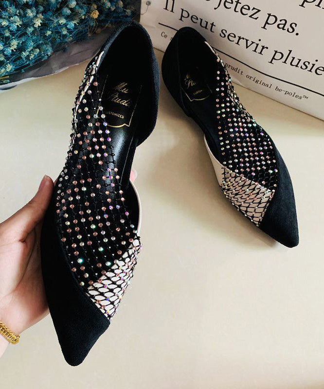Black Flat Feet Shoes Suede Pointed Toe Splicing Zircon