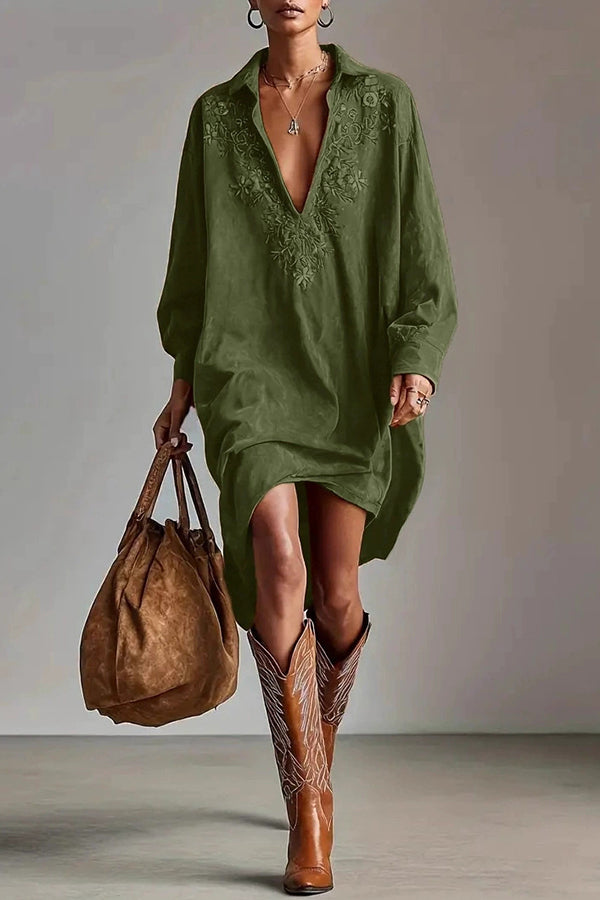 Embroidered Loose Suede Long-sleeved Casual Mini Dress