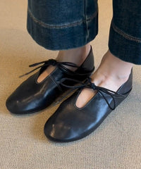Blue Cowhide Leather Lace Up Splicing Flat Shoes Women