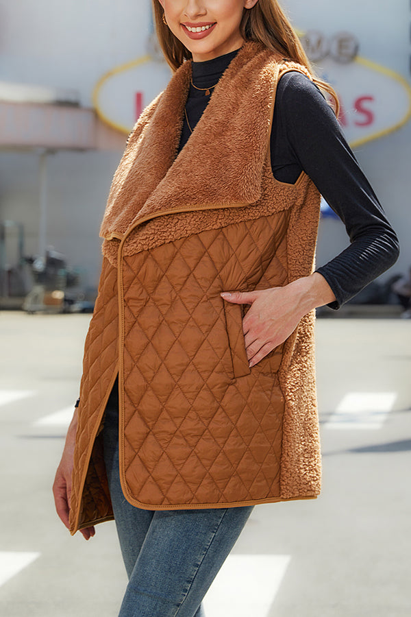 Plush Patchwork Sleeveless Pocket Vest Jacket