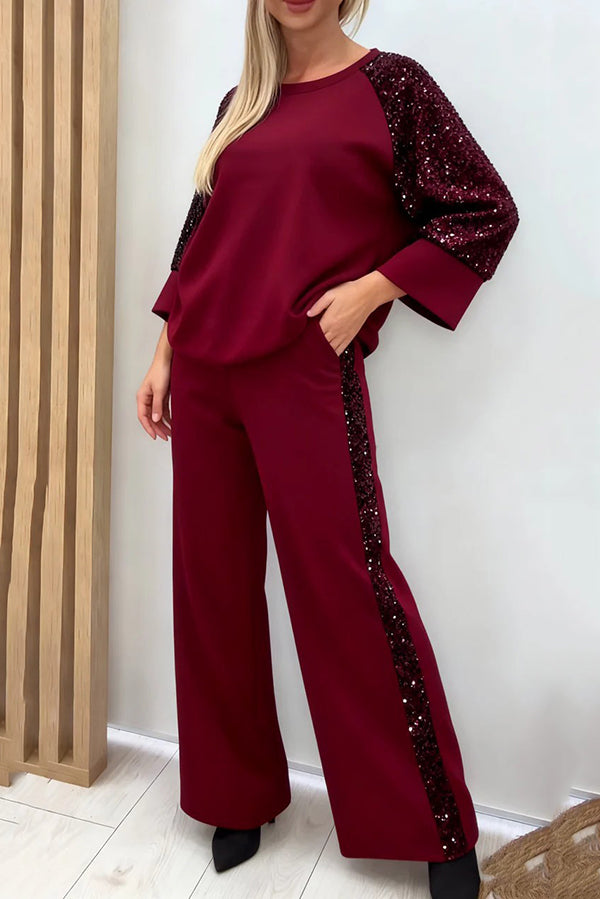 Sequined Loose-fitting Crew Neck Top and Casual Pocket Wide-leg Pants Set