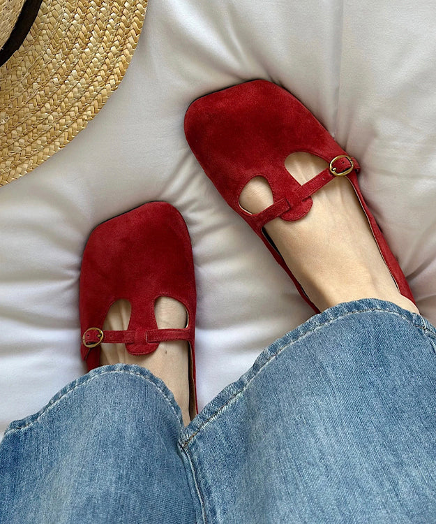 Comfortable Red Suede Splicing Flats Square Toe