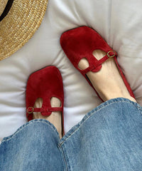 Comfortable Red Suede Splicing Flats Square Toe