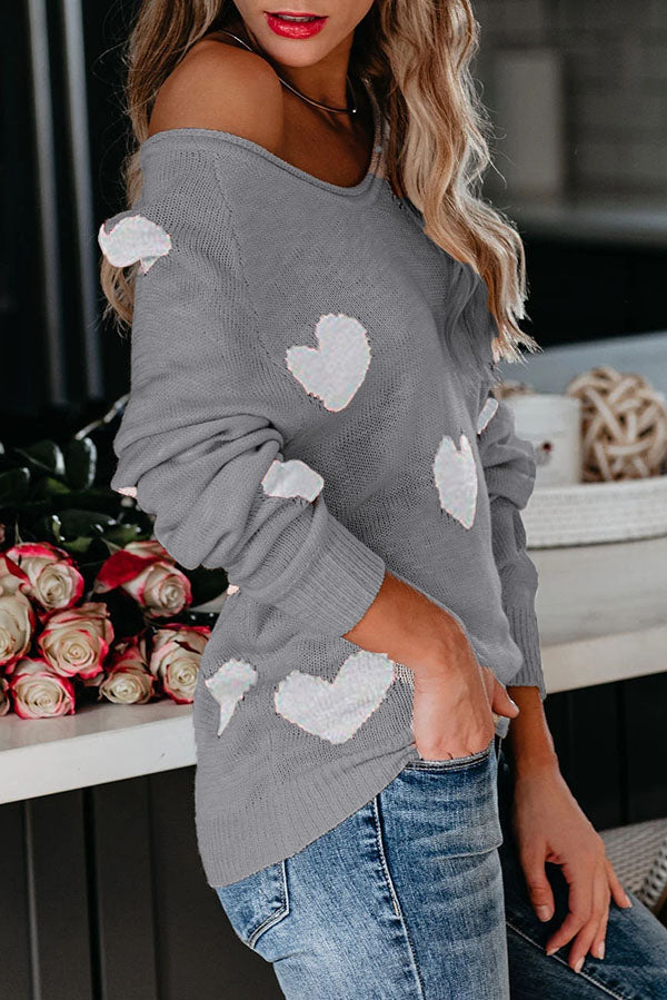 Color-blocked Heart-patterned Long-sleeved Loose Knit Sweater