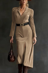 Suede V-neck Long-sleeved Slim-fit Slit Midi Dress