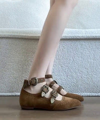 Brown Wedge Heels Shoes Suede Boutique Splicing Buckle Strap Rivet