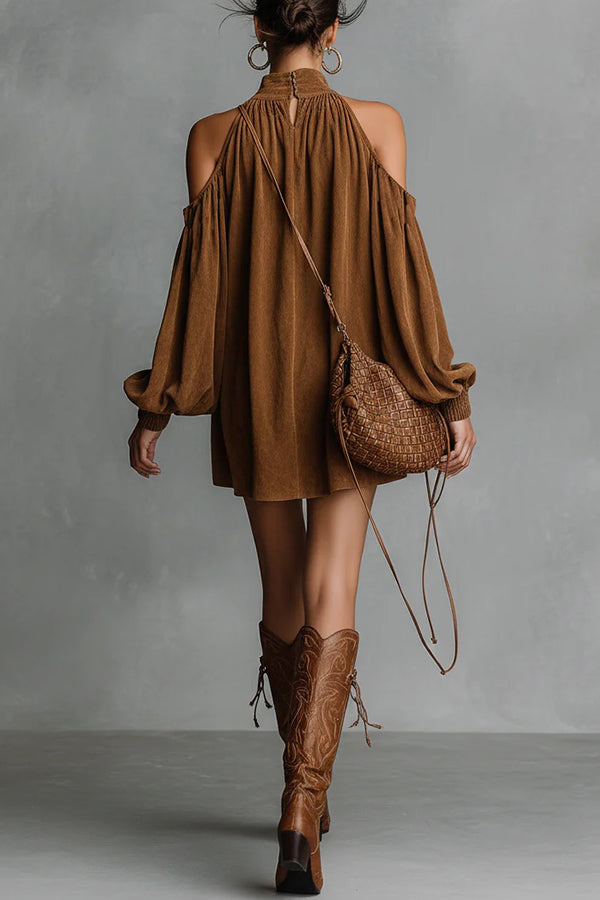 Off-shoulder Lantern-sleeved Suede Loose Mini Dress