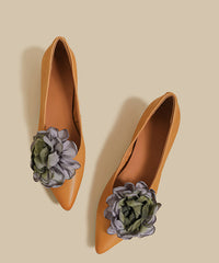 Brown Flower Cowhide Leather Chunky Heel Shoes